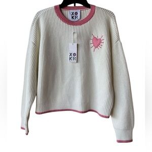 Kerri Rosenthal womens Pink Heart Applique Pullover Sweater  Cream Relaxed